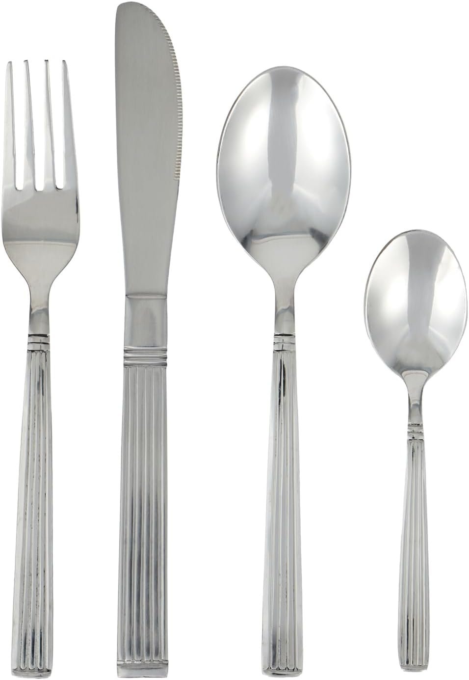 Home Basics 16 Piece Stainless Steel Flatware Set, Service for 4 Includes Fork/Knives/Tablespoon/Teaspoon – Home Kitchen/Restaurant/Hotel, Silver, STRIPES - Image 2