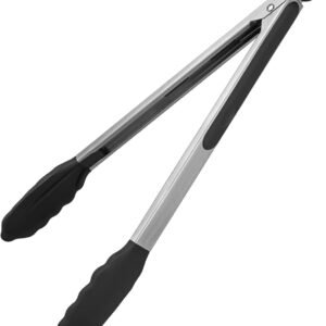 600ºF Heat Resistant Kitchen Tongs: U-Taste 12 inch Large Silicone Cooking Tong with Sturdy Non Stick Rubber Tips & Silicon Coated 18/8 Stainless Steel Handle & Smooth Locking for Serving Grill(Black)