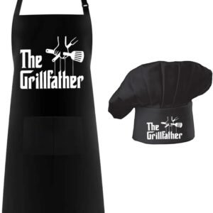 Hyzrz Chef Apron Hat Set,The Grillfather, Adjustable with Pocket for Dad Mon Baker BBQ Grilling Men and Women Father’s Gift