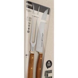 Arcos Serie Nordika – Set of 2 barbaque tools (Barbaque knife + Carving fork) – Stainless Steel NITRUM – Handle of wood Ovengkol 100% natural FSC – Packaging 100% recycled
