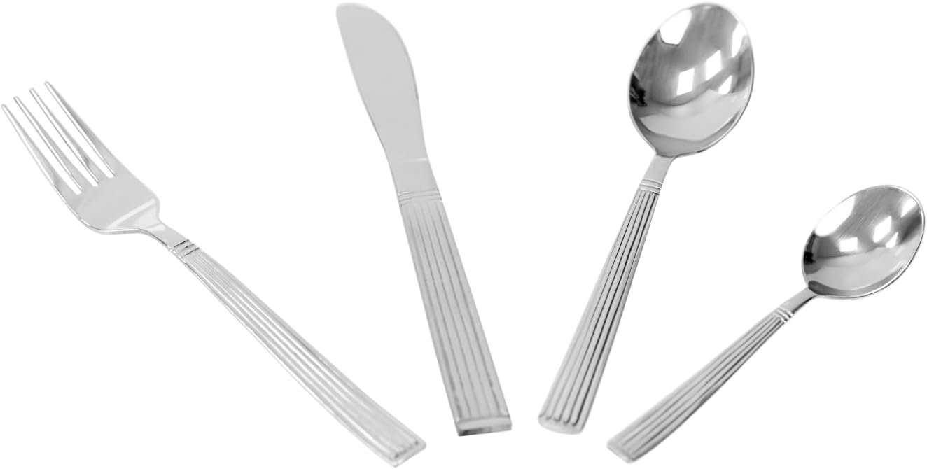 Home Basics 16 Piece Stainless Steel Flatware Set, Service for 4 Includes Fork/Knives/Tablespoon/Teaspoon – Home Kitchen/Restaurant/Hotel, Silver, STRIPES - Image 3