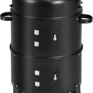 Giantex 3-in-1 Outdoor Smoker Grill, Portable Charcoal BBQ Grill, Built-in Thermometer and Air Vent, 6 Hooks, 2 Layers Vertical Steel Charcoal Smoker for Outdoor Cooking Camping
