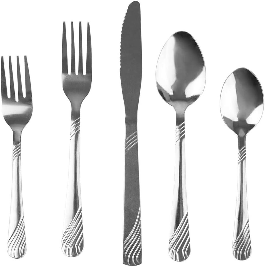 Home Basics, El River Stainless Steel Silverware Flatware Cutlery Dinner, Elegant Mirrored Finish Utensils Service for 4 Includes Knife/Fork, 20 Pieces Set, Silver
