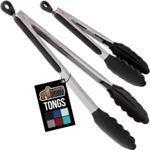 GORILLA GRIP Stainless Steel Heat Resistant Kitchen Tongs for Cooking, Set of 2 BBQ Tong, Non Scratch Silicone Tip for Pans, Strong Grip, Grab Food, Toss Salad, Air Fryer, Pull Lock, 7 + 9 Inch, Black