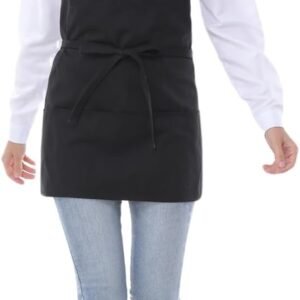 Chef Aprons for Women with 3 Pockets, Kitchen Work Apron for Cooking, Cotton Short BBQ Apron with Ultra-Long Belt