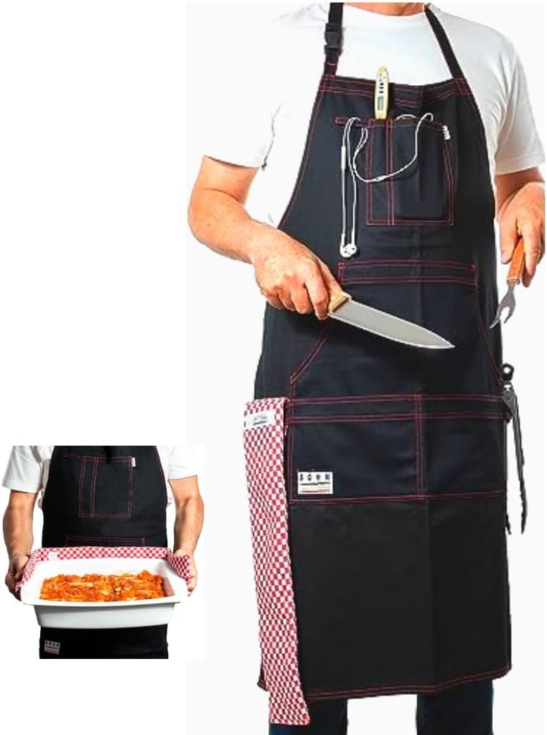 BÖHM Professional Chef Kitchen Apron with Pockets, Tool Loops, Adjustable Neck Strap, Durable Double Stitched Cotton. Incl. heat resistant Pot/Pan Towel for handling Hot items - Image 3