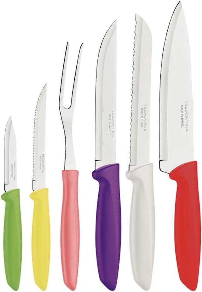 Tramontina Plenus Kitchen Knives Set of 6 with Paring, Bread, Chef and Steak Sharp Knife Plus Carving Fork, Vegetable Chopper, 23498916