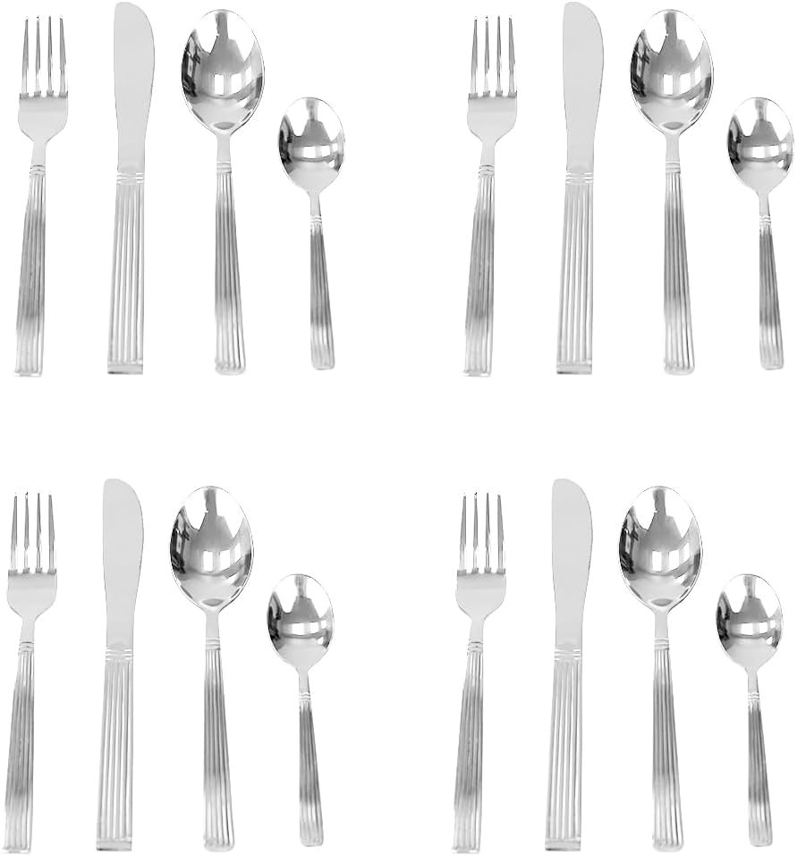 Home Basics 16 Piece Stainless Steel Flatware Set, Service for 4 Includes Fork/Knives/Tablespoon/Teaspoon – Home Kitchen/Restaurant/Hotel, Silver, STRIPES