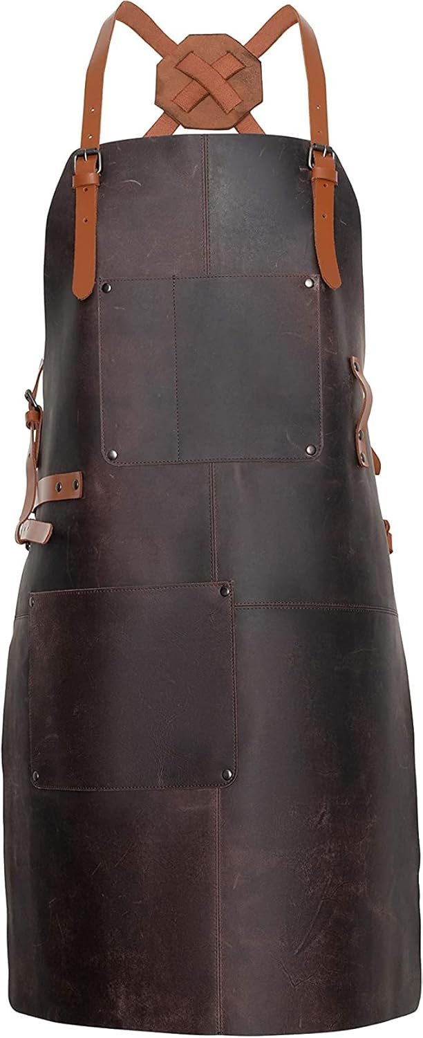 Theodore Genuine Top‑Grain Leather Apron with Cross‑Back for Men & Women – 32.5″ × 24.5″ Heavy‑Duty BBQ, Cooking, Woodworking Apron with Two Large Tool Pockets