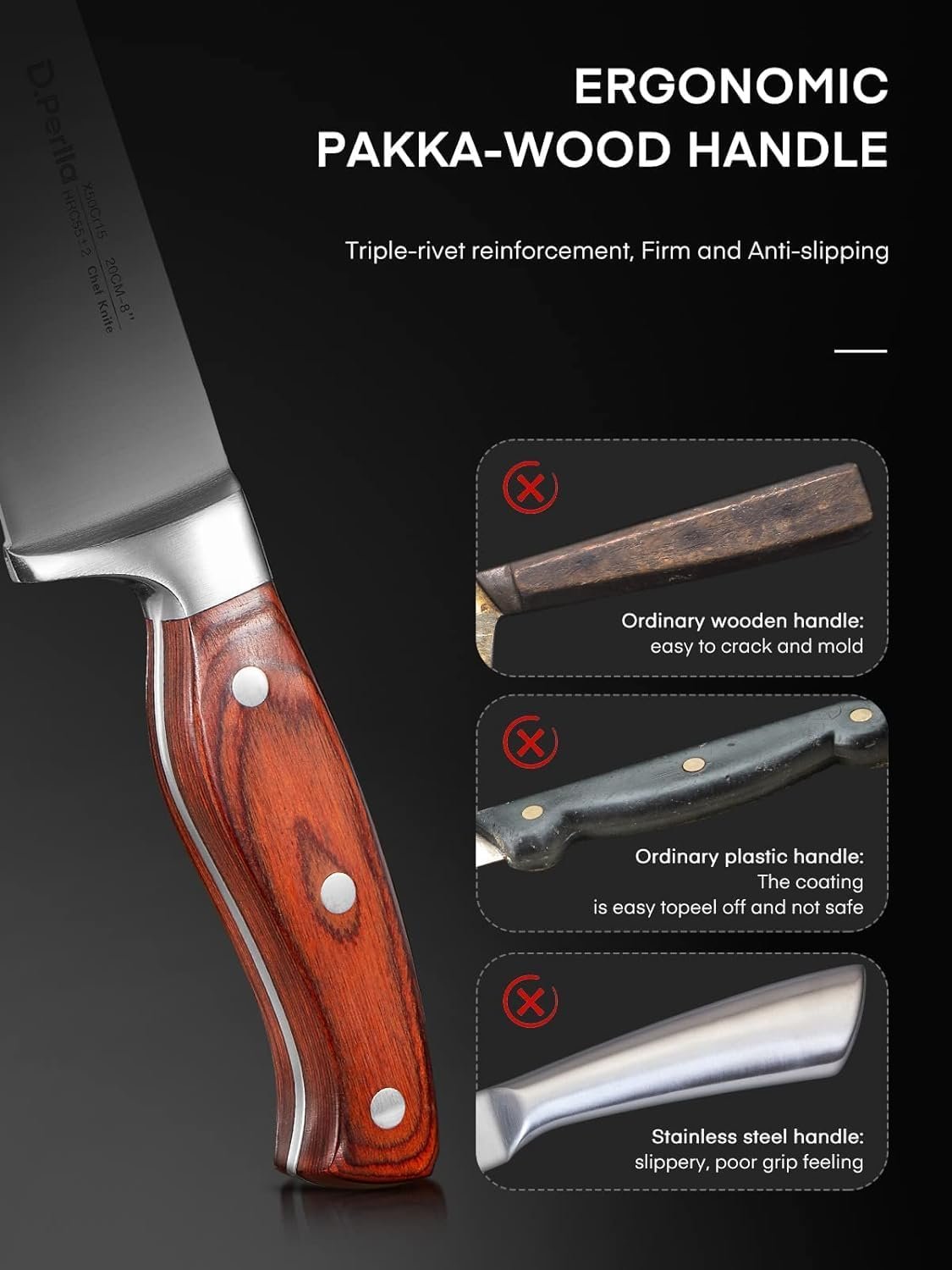 Knife Set with Block, 16 Pcs Stainless Steel Kitchen Knife Set with Sharpener & Wooden Block, Knife Block Set with Wood Handle, Chef, Santoku, Bread, Utility, Paring & Carving Fork Knife, Brown - Image 3