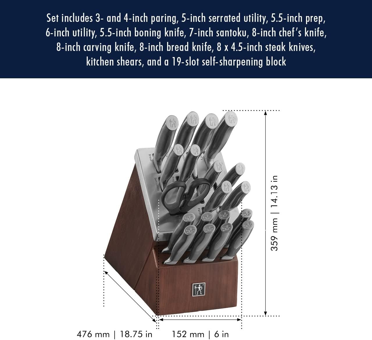 Henckels Graphite 20-pc Self-Sharpening Knife Set with Block, Chef Knife, Paring Knife, Utility Knife, Bread Knife, Steak Knife, Brown - Image 3