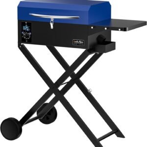 Onlyfire BBQ Wood Pellet Grill Smoker with Foldable Cart, Meat Probe, 2 Tiers Cooking Area, Portable Tabletop Grilling Stove for Outdoor Kitchen Cooking Smoke and Roast, RV Camping, Blue GS342