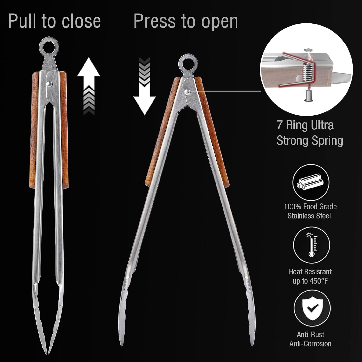 Esie Houzie 16" & 12" Heavy Duty Stainless Steel Grill Tongs with Locking Mechanism & Heat-Resistant Wooden Handle - 2-Pack BBQ Tongs for Grilling, Barbecue, Kitchen Cooking Accessories - Image 3