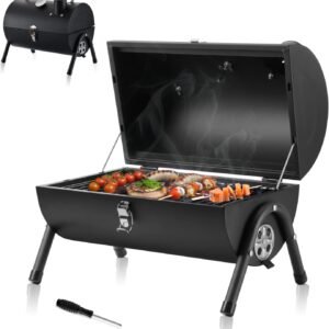HaSteeL Portable Charcoal Grill, Small Folding Outdoor Grill, Mini Black Barbecue Grill with Thermometer, Compact Tabletop BBQ Grill for Camping Picnic Backyard Patio, 116 Square Inches & Screwdriver