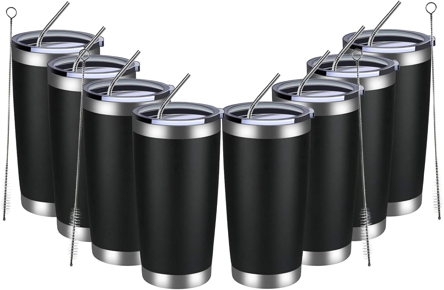 MEWAY 20oz Tumbler 8 Pack Double Wall Vacuum Insulated Travel Mug Bulk, Stainless Steel Tumblers with Lid and Straw, Durable Powder Coated Coffee Cups for Cold & Hot Drinks (Black, 8)