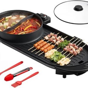 AORAN 2200W Electric Grill & Hot Pot Combo with Dual Zone Control – 26.6″ Large Yin-Yang Nonstick Skillet, Indoor Smokeless BBQ Grill for Family Party, Adjustable Temperature & Easy Clean