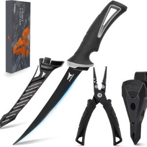 KastKing Fishing Pliers with Fillet Knife, Coated Stainless Steel Fishing Pliers, Corrosion-Resistant Coated Fillet Knife, 7” Split Ring Plier and 7” Fillet Knife, Black