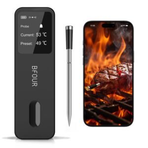 BFOUR Meat Thermometer Digital Wireless with LCD Booster, Bluetooth Food Cooking Thermometer with Smart App, 524FT Remote Range, 100% Waterproof & 752°F Heat Resistant Probe for BBQ Oven Grill Smoker