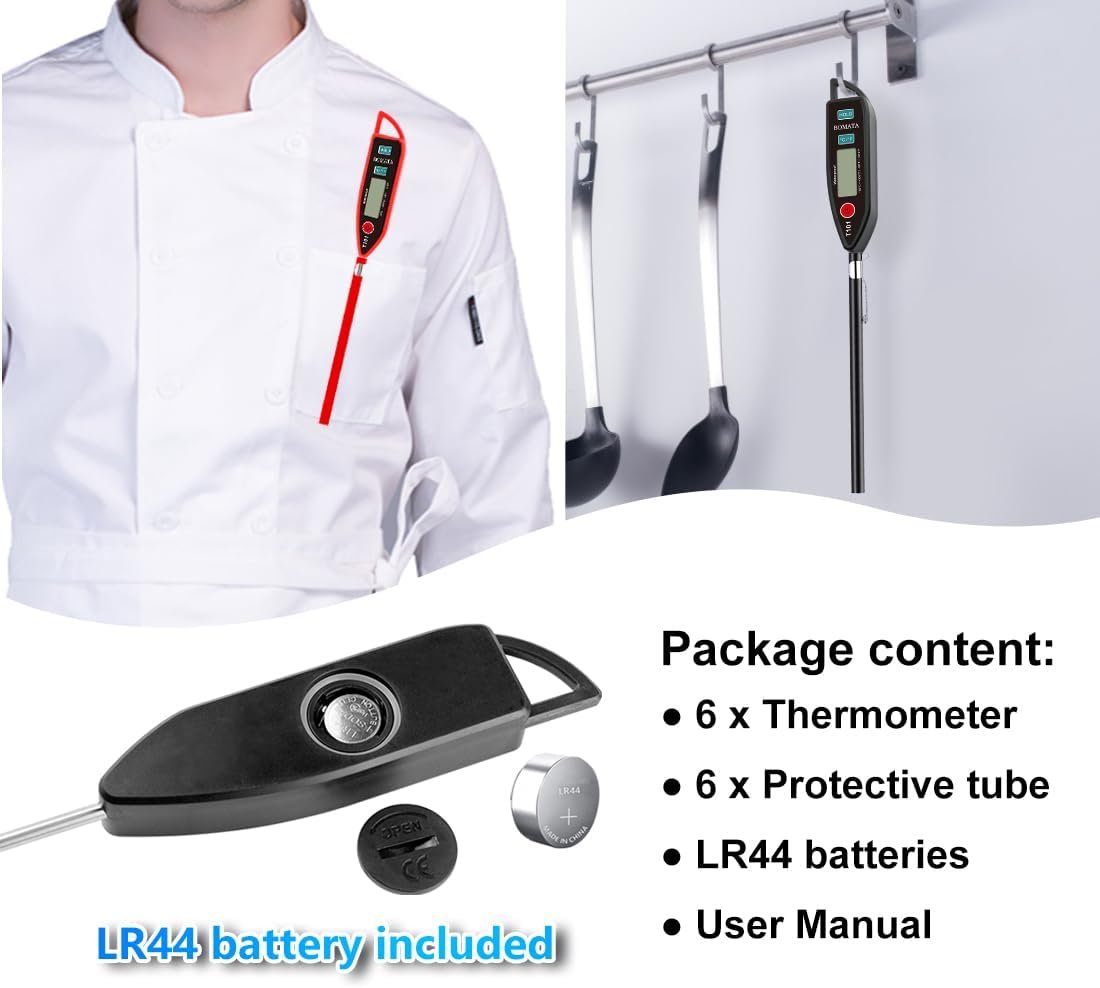 BOMATA 6 Pack Waterproof IPX7 Meat Thermometer Instant Read Food Thermometer with Long Probe for Water, Liquid, Kitchen Cooking, Grill,BBQ ! T101 X 6 Pcs (Black & Red & White)… - Image 6