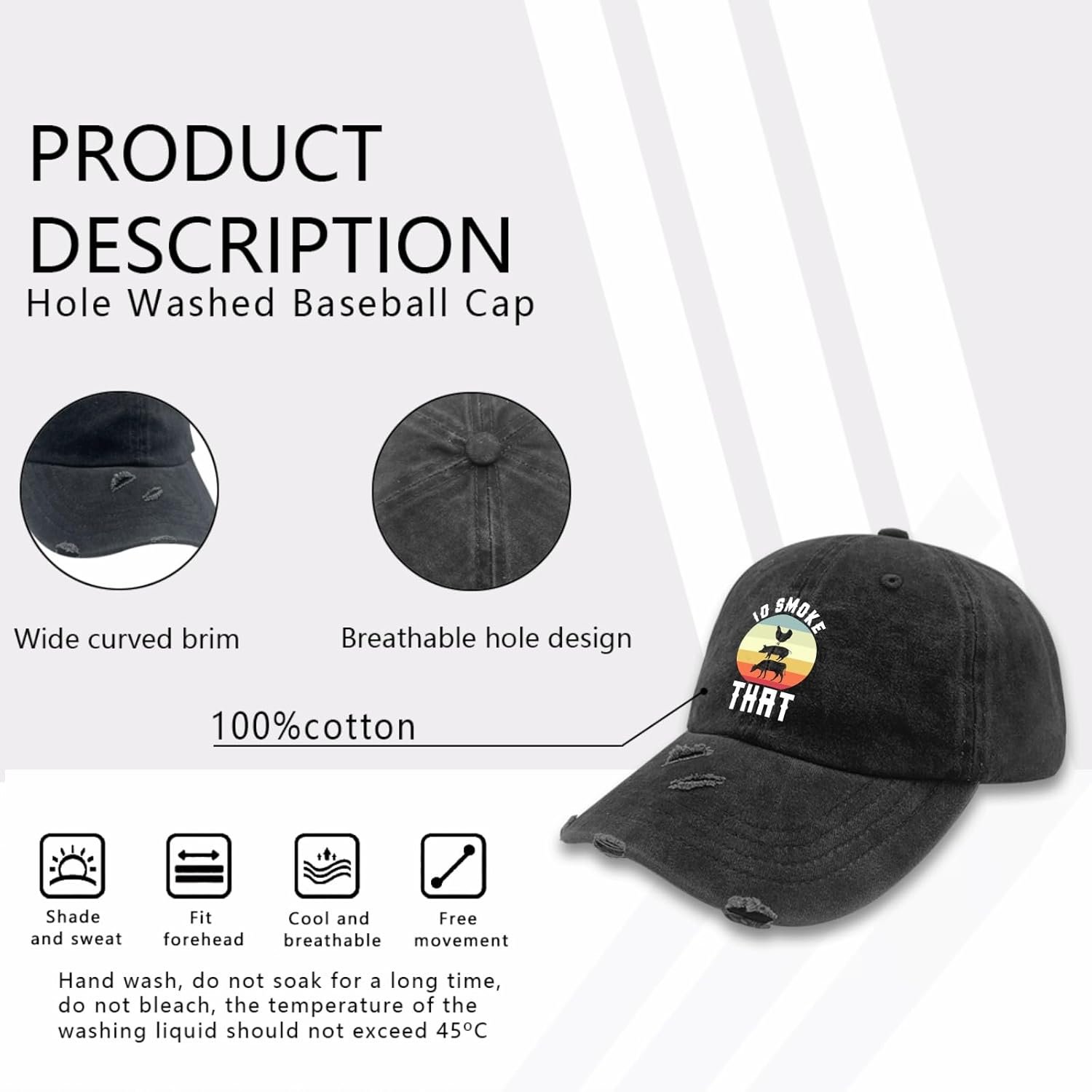 Generic I'd Smoke That BBQ Hat for Mens Washed Distressed Baseball Caps Soft Washed Dad Hat Cotton, Allblack - Image 7