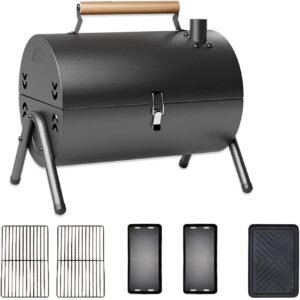Portable Charcoal Grill (2 IN 1 Double-Sided), Small Tabletop Barbecue Grill with Food Tray & Rack for Outdoor Camping Home Patio BBQ Grilling, Heavy Duty & Multi-use, Easy Assembly