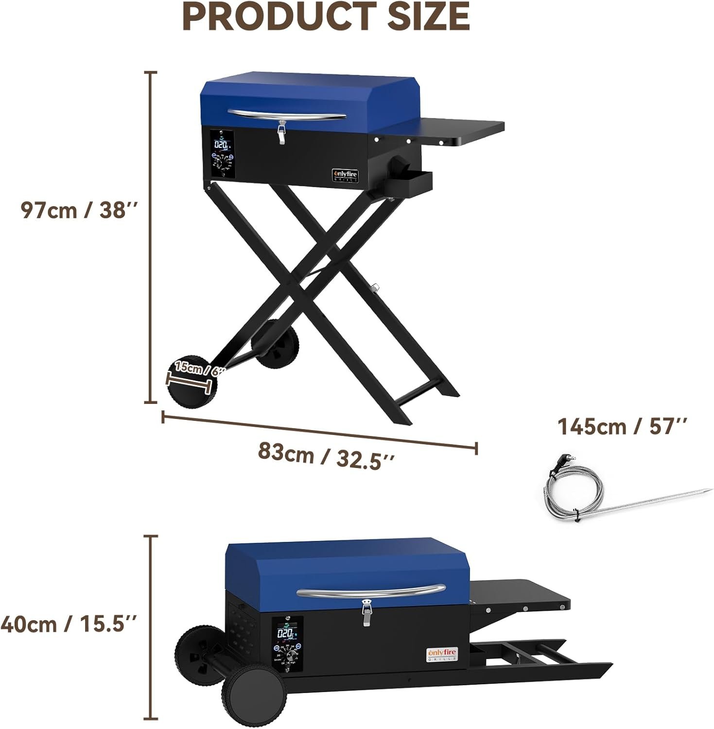 Onlyfire BBQ Wood Pellet Grill Smoker with Foldable Cart, Meat Probe, 2 Tiers Cooking Area, Portable Tabletop Grilling Stove for Outdoor Kitchen Cooking Smoke and Roast, RV Camping, Blue GS342 - Image 3