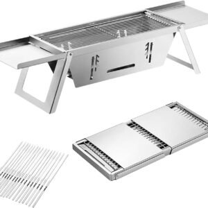 Portable Charcoal Grill, 15-inch Outdoor Small Grill, Folding Stainless Steel 304 Grill for Camping, Backyard, Boat, Comes with 50 Metal Skewers
