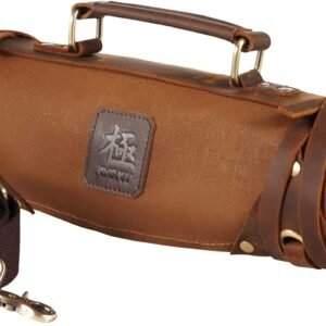 KYOKU Chef Knife Roll Bag, Kitchen Knife and Utensil Holder with 10 Slots 3 Cutlery Holders for Chef Knife Set, Oiled Leather and Waxed Canvas Knife Roll Up Travel Bag with Adjustable Strap, Brown