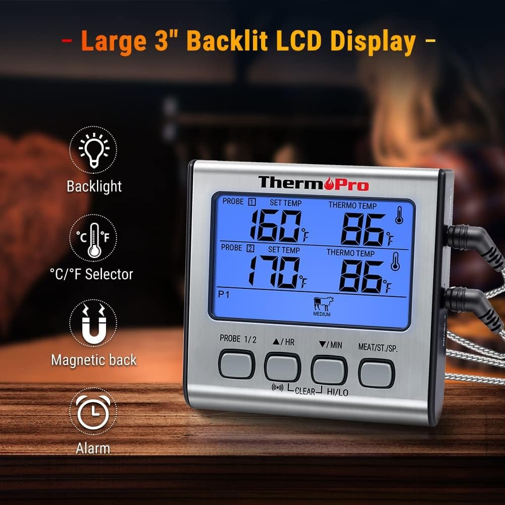 ThermoPro TP17 Dual Probe Digital Cooking Meat Thermometer Large LCD Backlight Food Grill Thermometer with Timer Mode for Smoker Kitchen Oven BBQ, Silver - Image 7