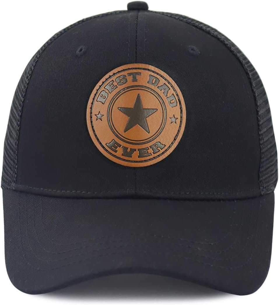 World Best Dad Ever Trucker Hat with Leather Patch, Adjustable Embroidered Washed Cotton Father Day Daddy Baseball Cap