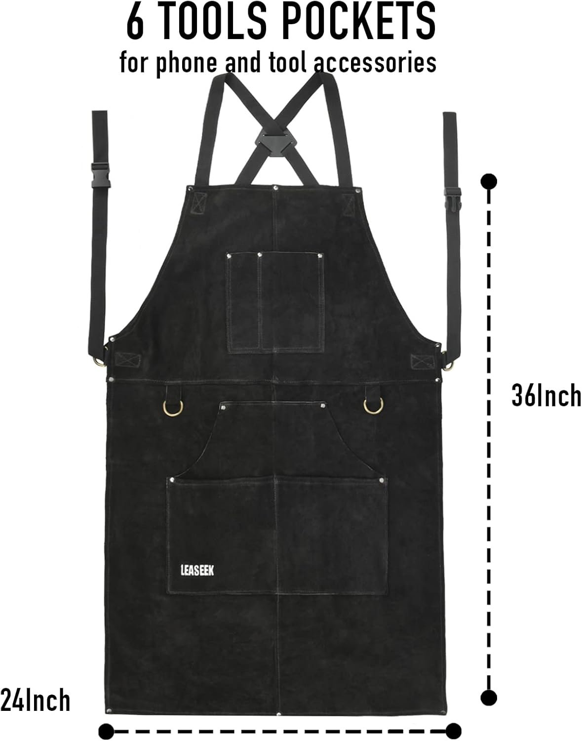 LeaSeek Leather Welding Apron,Heat & Flame-Resistant Heavy Duty Work Apron with 6 Pockets,Woodworking Shop Apron - Image 2