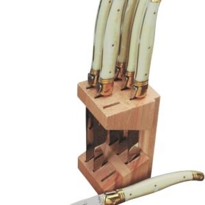 Jean Dubost Laguiole 6-Piece Steak Knife Set, Ivory Handles – 1.2 mm Blades – Rust-Resistant Stainless Steel – Includes Wooden Block – Made in France