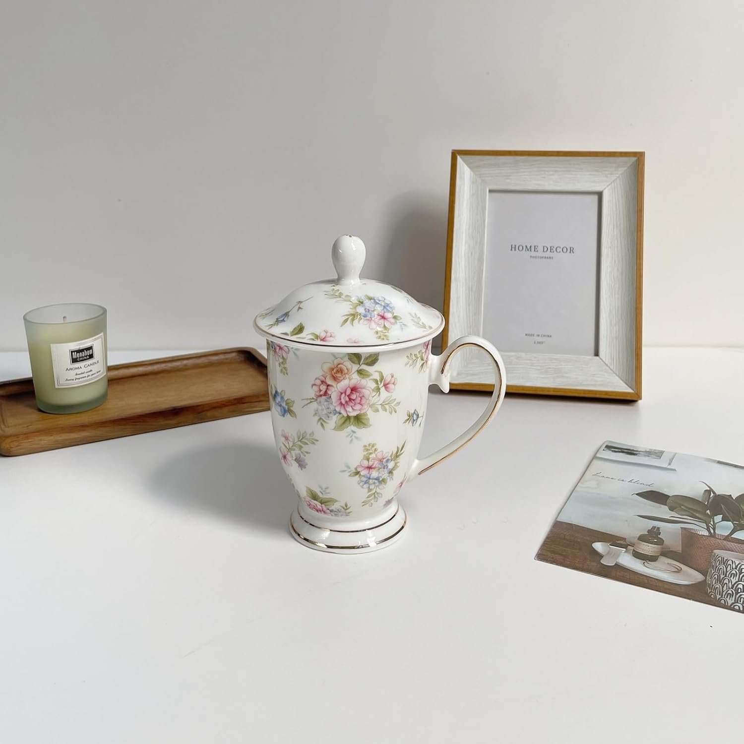 Ceramic Mug,Fine Bone China Tea Cup, Tea Mugs for Women, Tea Cup with Lid, Suitable for Making Tea, Cold Drinks, Hot Drinks, Coffee, Etc, 10 oz - Image 2