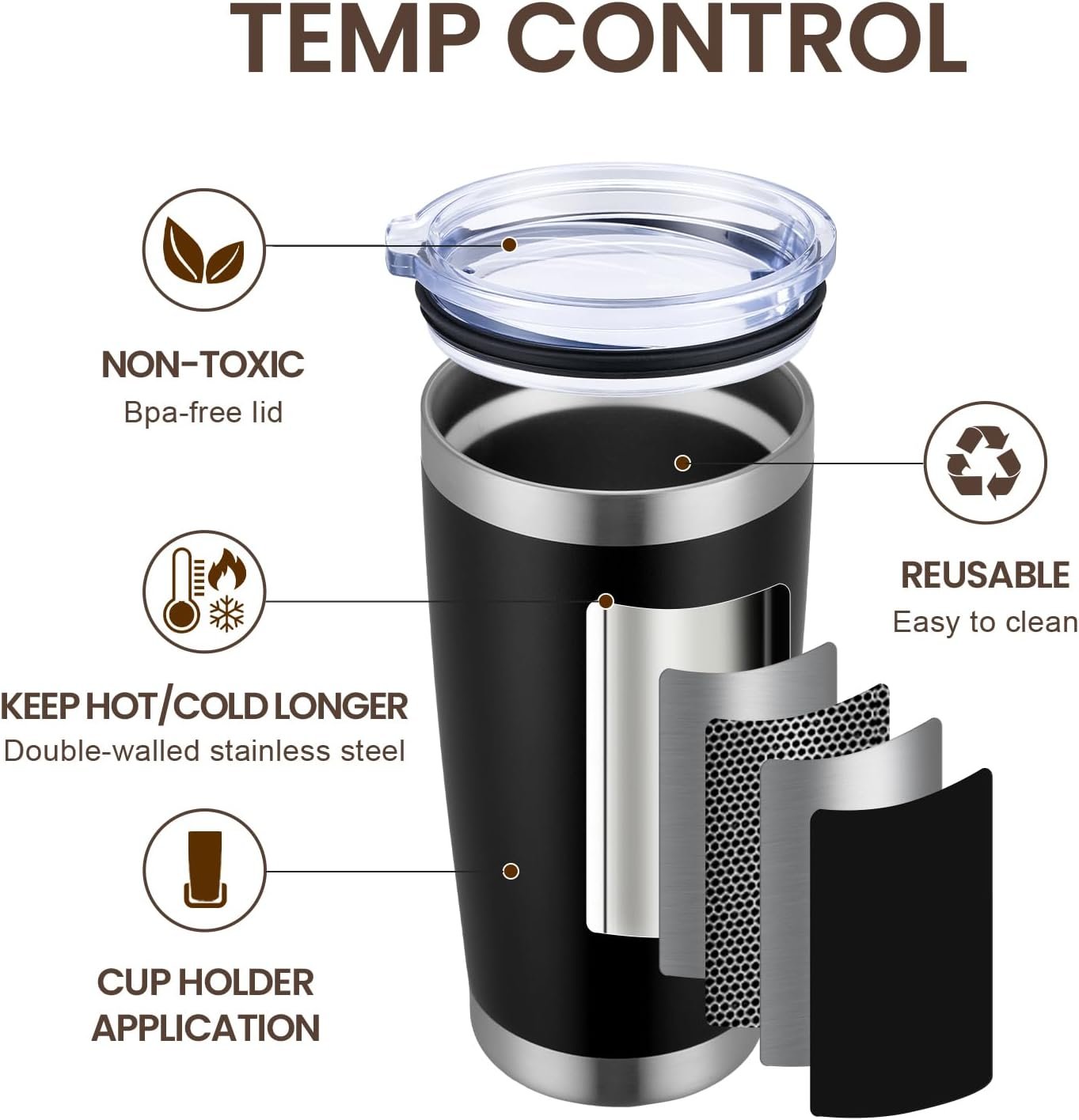 MEWAY 20oz Tumbler 8 Pack Double Wall Vacuum Insulated Travel Mug Bulk, Stainless Steel Tumblers with Lid and Straw, Durable Powder Coated Coffee Cups for Cold & Hot Drinks (Black, 8) - Image 2