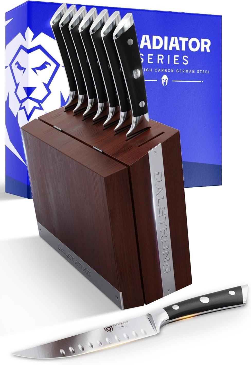 Dalstrong Steak Knife Set - 8 Piece - 5 inch Straight Edge Blade - Gladiator Series Elite - Forged High-Carbon German Steel Dinner Kitchen Knife - Black G10 Handle - Folding Block Set - NSF Certified