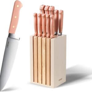CAROTE 11 Pieces Knife Set with Block for kitchen, Stainless Steel Razor-Sharp Blade, Triple Riveted Ergonomic Handle, Wooden Magnetic Block, Essential Knife Block Set, Pink