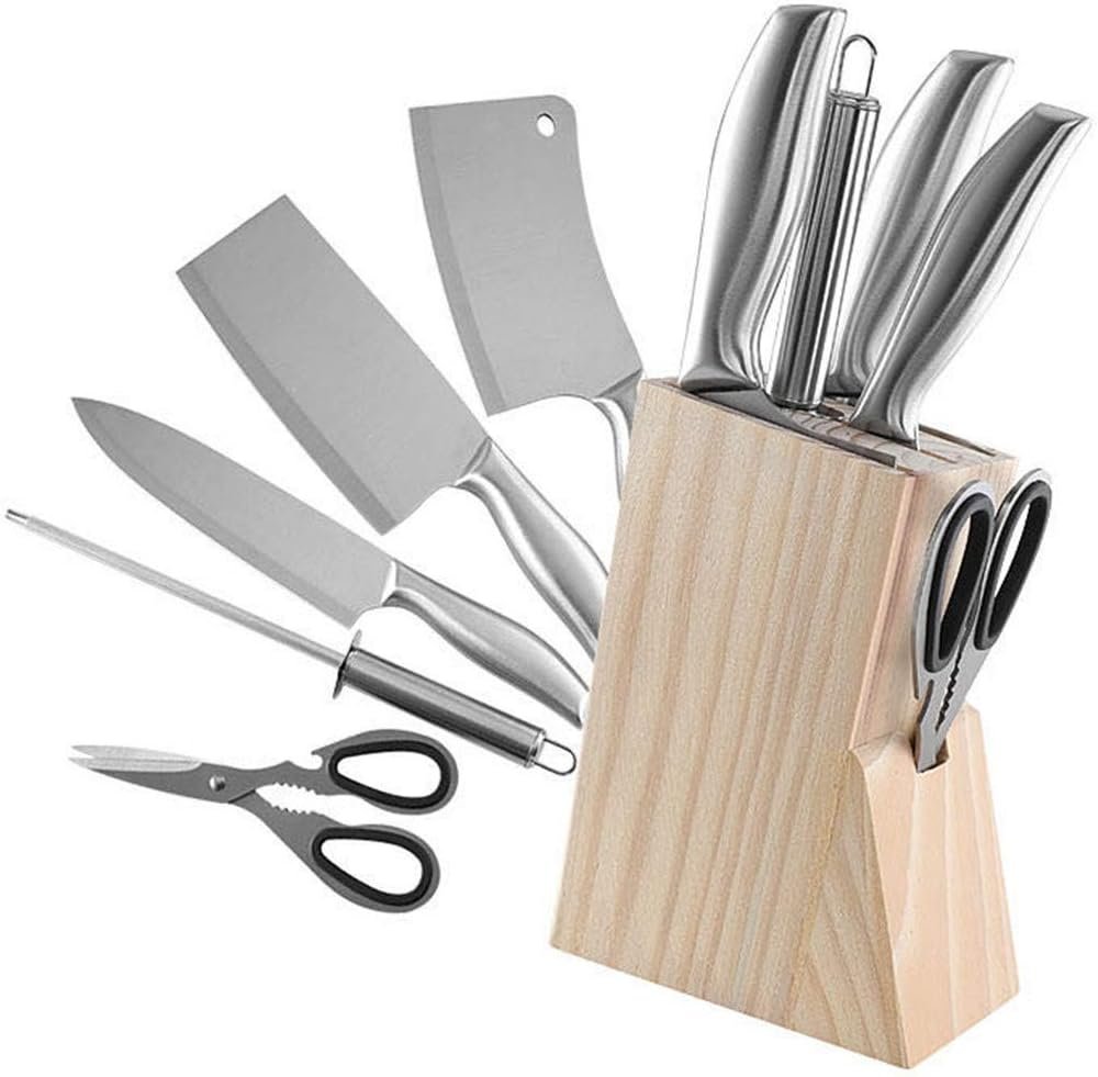 Knife Set, Professional Cleaver Knife Set with Wood Storage Block Stainless Steel Asian Butcher Knife Block Set with Sharpener,Sharp Cutlery Large Blade Cutting Knives Set