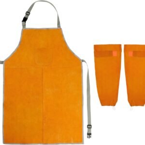 QWORK Welding Apron& Sleeves, Welding Work Protectors Set, Heat and Flame Resistant Leather Work Shop, Blacksmith Protective or Safety Clothing, Welders, Fireplace, Gardening, BBQ Apron, Bib Apron