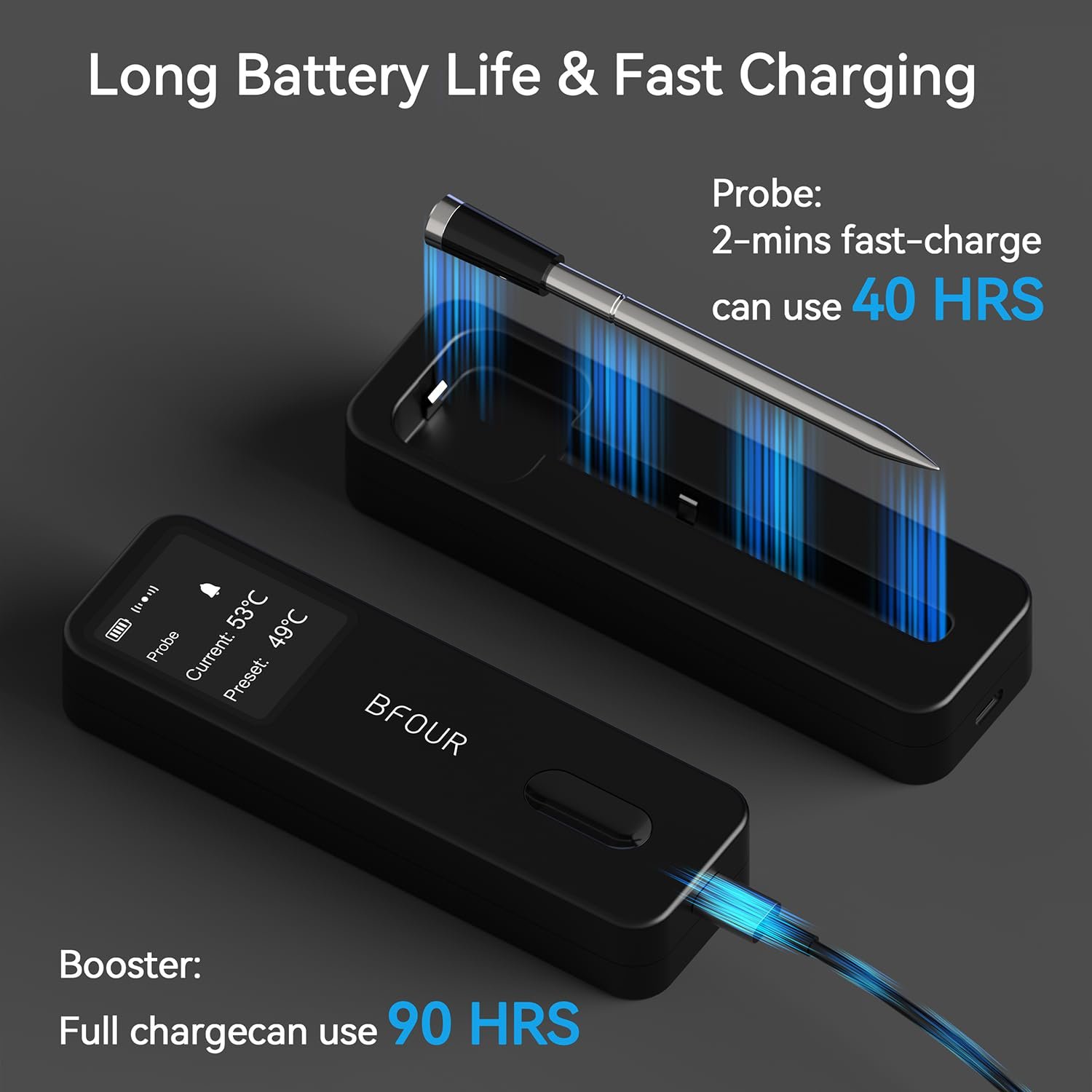 BFOUR Meat Thermometer Digital Wireless with LCD Booster, Bluetooth Food Cooking Thermometer with Smart App, 524FT Remote Range, 100% Waterproof & 752°F Heat Resistant Probe for BBQ Oven Grill Smoker - Image 7