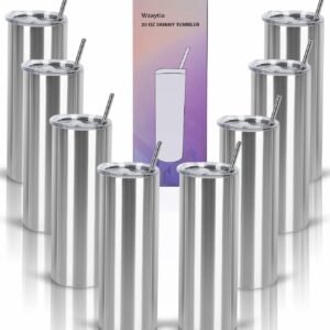 8 Pack 20 Oz Straight Skinny Tumblers, Individually Gift Boxed Stainless Steel Slim Skinny Tumbler Set Bulk, 20 Oz Insulated Slim Thin Travel Tumbler Cup for Diy, Silver