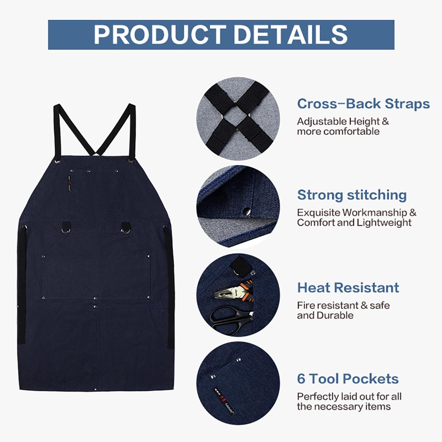 Fullsheild Denim Work Apron with 6 Tool Pockets, 15oz Onesize Heat & Flame Resistant Welding Apron, Flame Retardant Heavy Duty BBQ 24" x 40" - Image 2