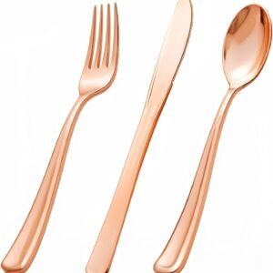 bUCLA 600PCS Rose Gold Plastic Silverware Set – Disposable Rose Gold Plastic Cutlery Include 200 Knives, 200 Forks, 200 Spoons for Party, Wedding & Mother’s Day