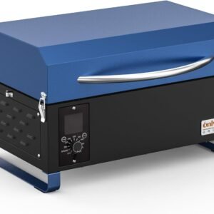 Onlyfire BBQ Wood Pellet Grill Smoker with Digital Control, LED Screen, Meat Probe & 2 Tiers Cooking Area, Portable Tabletop Grilling Stove for BBQ, Smoke, Bake and Roast, RV Camping, Blue