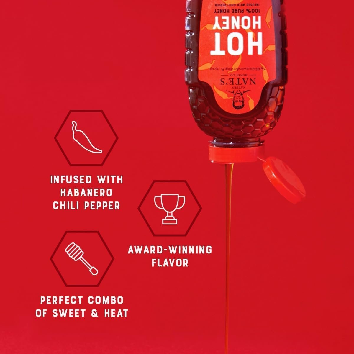 Nate's Hot Honey - 100% Pure Honey Infused with Habanero Chili Pepper Flakes, Award-winning Taste - 16 oz Squeeze Bottle - Image 2