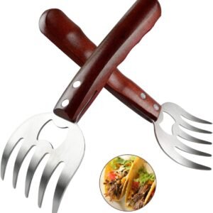 AIYUE Meat Shredding Claws Stainless Steel Pulled Pork Shredder Meat Claws for BBQ Shredding Pulling Handing Lifting & Serving Pork Turkey Chicken with Long Wood Handle (2 PCS,BPA Free)