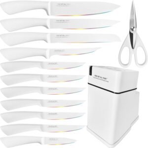 Knife Block Set,13 Pcs Kitchen Knives Set With Holder,Professional Japanese Chef Knife Set,Stainless Steel Carving Slicing Paring Bread Knife,Steak Knives,Ergonomic Handle,White Color