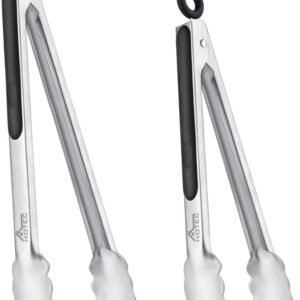 Hotec Stainless Steel Kitchen Tongs Set of 2 – 9″ and 12″, Locking Metal Food Tongs Non-Slip Grip