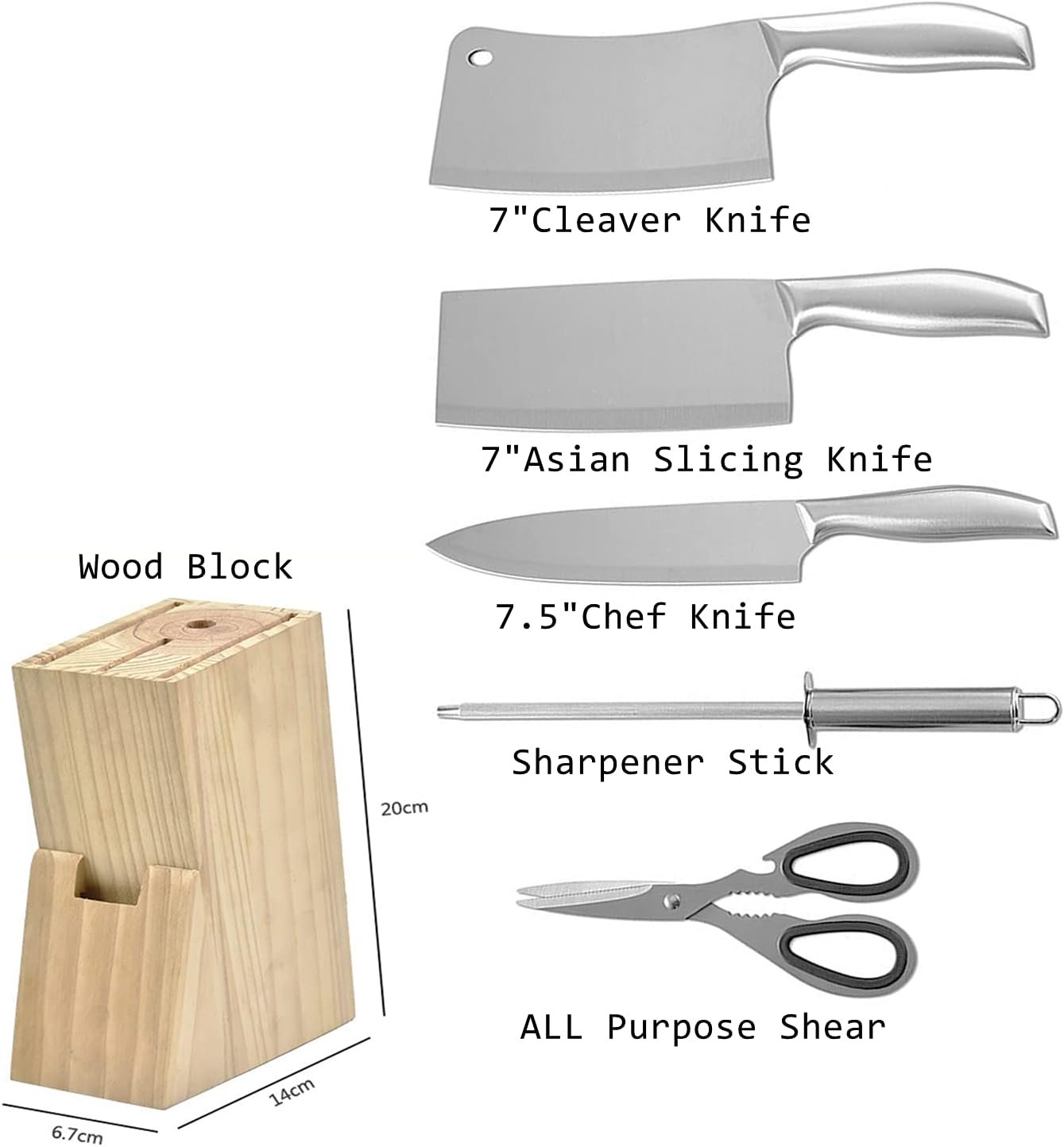 Knife Set, Professional Cleaver Knife Set with Wood Storage Block Stainless Steel Asian Butcher Knife Block Set with Sharpener,Sharp Cutlery Large Blade Cutting Knives Set - Image 7