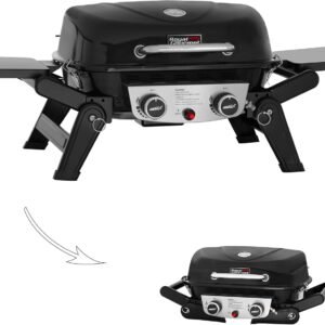 Royal Gourmet GT2005 2 Burner Portable Propane Gas Grill with Foldable Side Tables & Foldable Support Legs, Tabletop Gas Grill with Warming Rack for Outdoor Cooking & Grilling, Black