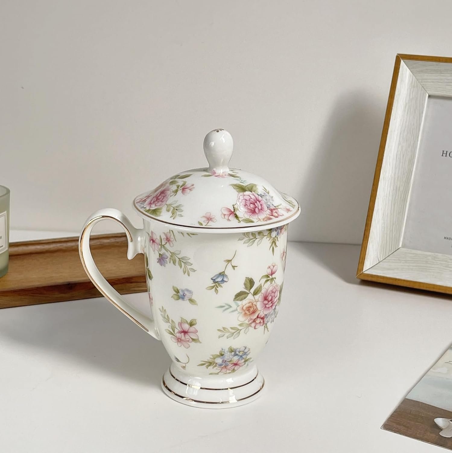 Ceramic Mug,Fine Bone China Tea Cup, Tea Mugs for Women, Tea Cup with Lid, Suitable for Making Tea, Cold Drinks, Hot Drinks, Coffee, Etc, 10 oz - Image 3